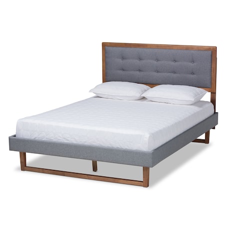 Emele Grey Upholstered And Ash Walnut Wood Full Size Platform Bed